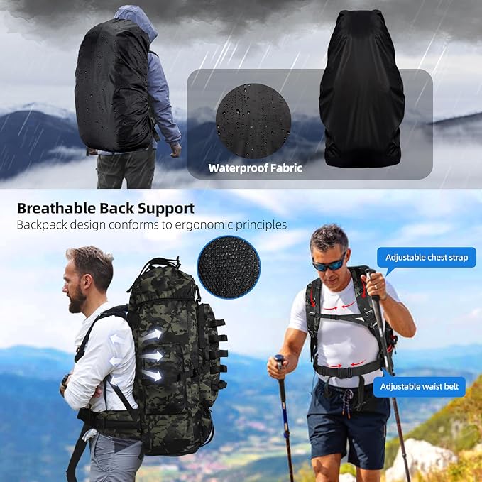 70L/100L Camping Hiking Backpack with Rain Cover, Expandable Large Military Tactical Backpack, Waterproof Molle Racksack Travel Backpacking Daypack for Climbing Trekking (Black CP)