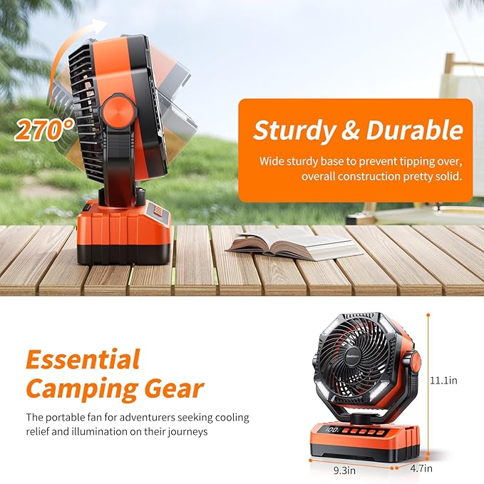 Camping LED Fan with Light, 40000Max Rechargeable Battery Powered Outdoor Tent Fan with Light and Hook, 4 Speed, Personal USB Desk Fan for Camping, Fishing, Power Outage,Hurricane, Worksite