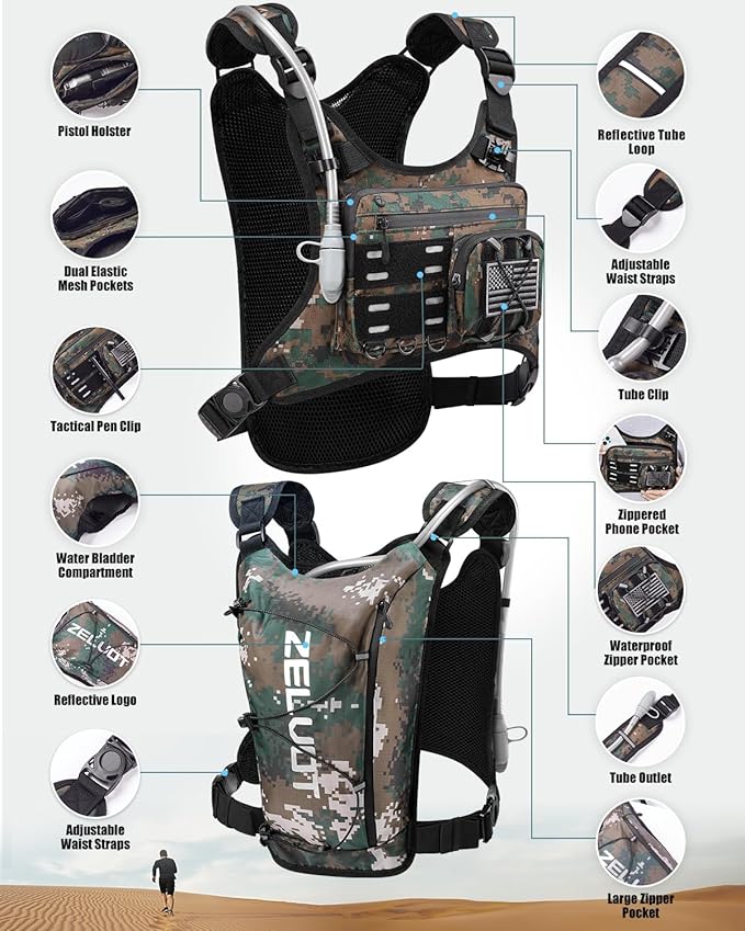 Running Vest with 2L Water Bladder, USA Original Patent, Lightweight Adjustable Chest Pack with Gear Holder, Reflective Running Hydration Vest for Women Men for Marathon