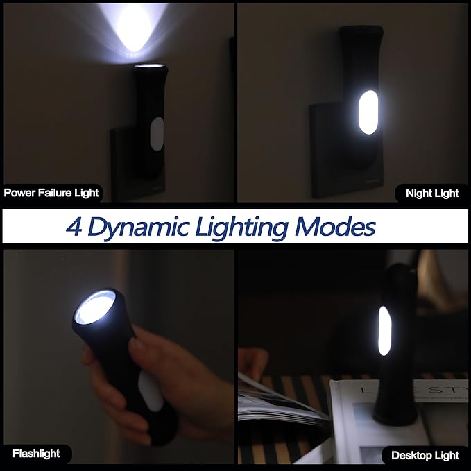 4 in 1 Emergency Lights for Home Power Failure, 3 Pcs Rechargeable LED Flashlight Plug in Wall, Automatic Turn-On Power Outage Night Light Flashlight for Hurricane Preparedness Items, Black