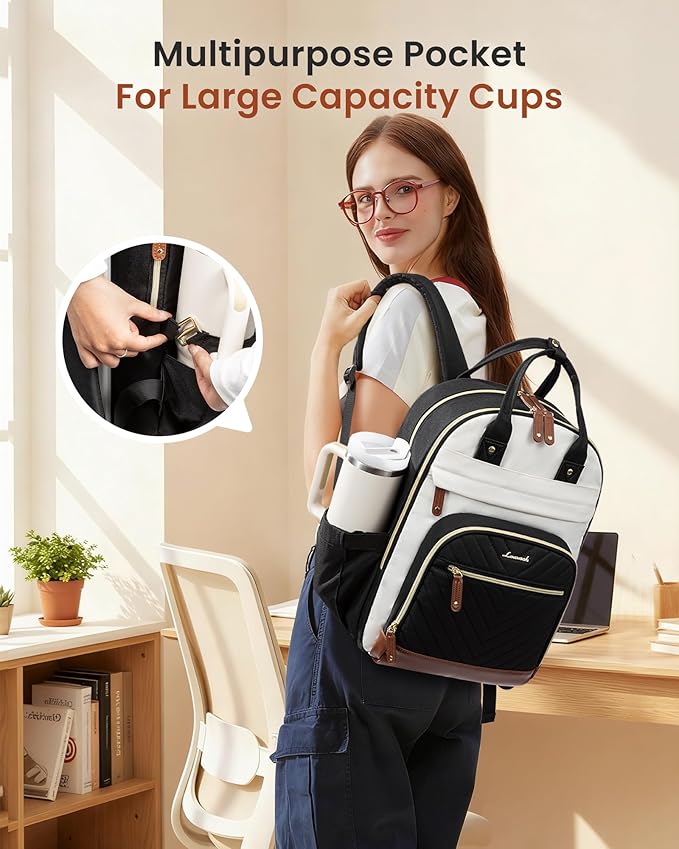 LOVEVOOK Laptop Backpack Women with Giant Tumbler Holder,17 inch Waterproof Work Travel Backpack Computer Laptop Bag,Cute College Nurse Teacher Backpack Purse,Gifts for Women & Men,Beige-Black-Brown