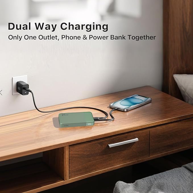 NOBIS Portable Charger, 10000mAh Power Bank Fast Charging, Battery Pack with C to C Cable, Battery Bank with Digital Display for iPhone iPad Android etc (Green, 25W)