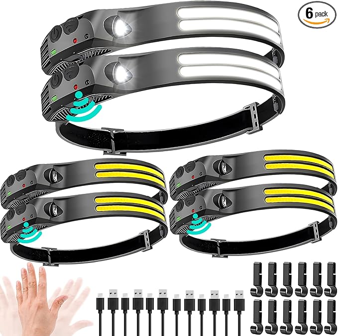 LED Headlamp Rechargeable 6PCS - 230° COB Super Bright Head Lights for Forehead, Hard hat Light for Adults, USB C Headband Flashlight for Work, Hiking, Running, Camping Essentials Gear