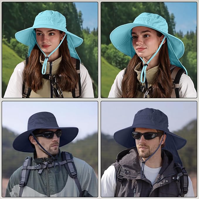 Sun Hats for Men Women, UPF50+ Protection Safari Hat,Wide Brim Fishing Hat with Neck Flap,Bucket Hats for Beach Hiking