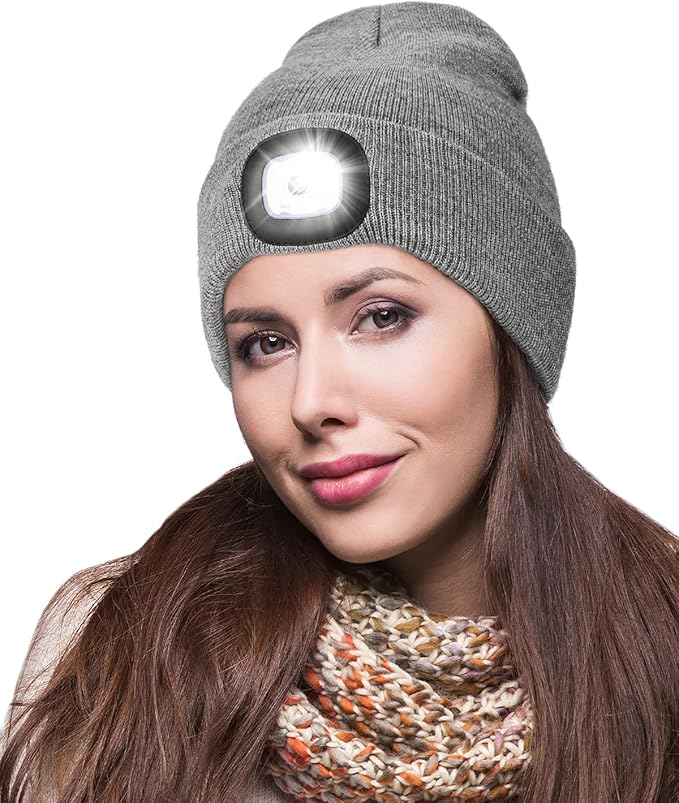 MELASA Unisex Hat with Light, USB Rechargeable Hands Free Headlamp LED Beanie, Winter Gifts for Men Dad Father Husband Him
