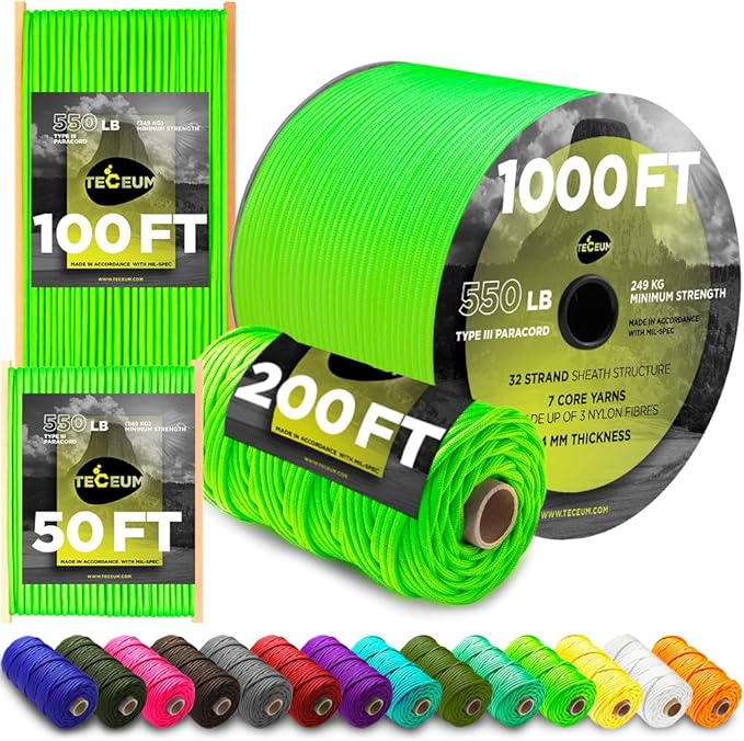 TECEUM 5/32" Paracord Rope 1000 – 1000ft / 200ft / 100ft / 50ft – Tactical Parachute Cord 4mm – 45+ Colors – Nylon String for Survival & Camping Gear – Stripe Cord for Survival – Utility Rope
