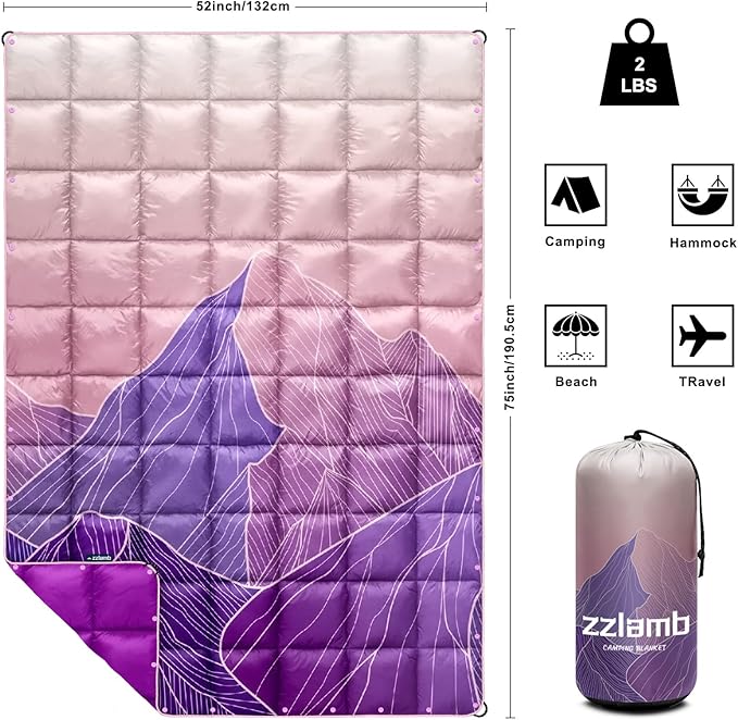 zzlamb Camping Blanket, Outdoor Lightweight Travel Blanket Puffy Portable Down Alternative, Windproof Warm Cloak with Snaps, Cozy Quilt Backpacking Picnic RV Plane Car Hammock Beach Climbing