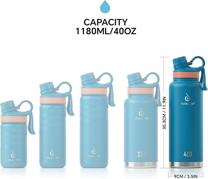 IDEUS Insulated Stainless Steel Water Bottle with 2 Leak-Proof Lids, Thermal Water Flask for Hiking Biking, 40oz, Blue Atoll