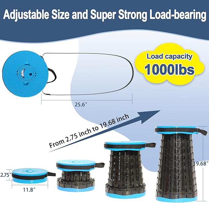 ALEVMOOM 2025 Upgraded XXL 19.7" Collapsible Stool with Cushion, 1000lbs Max Weight Heavy Duty Portable Telescoping Stool, Retractable Seat Folding Chair for Camping Fishing Hiking(Blue-XXL)
