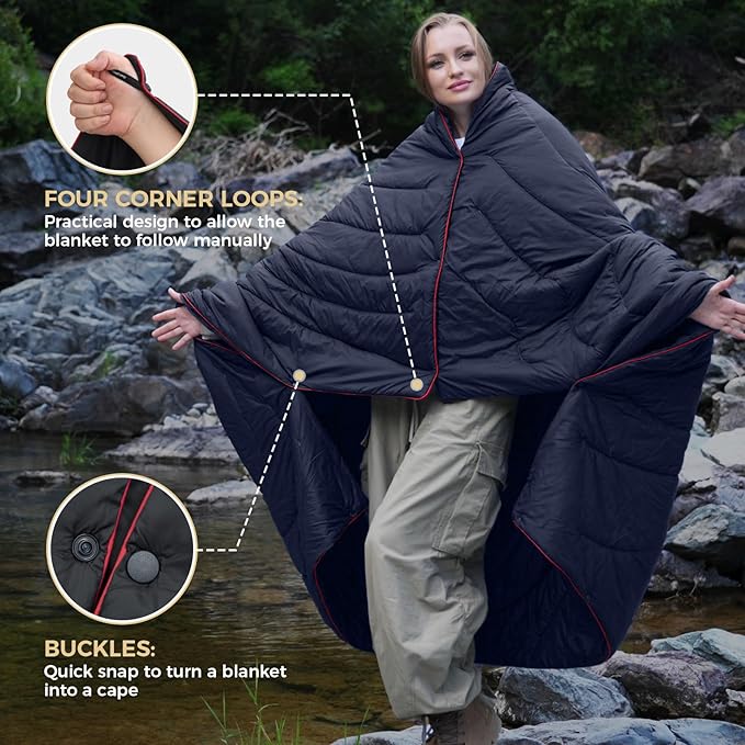 KingCamp Ultralight Camping Blanket, Packable Down Alternative Puffy Wearable Blankets Weatherproof Warm Package Quilt with Snap Buttons & Corner Loops for Outdoor Travel Stadium (69"L x 53"W, BLACK)