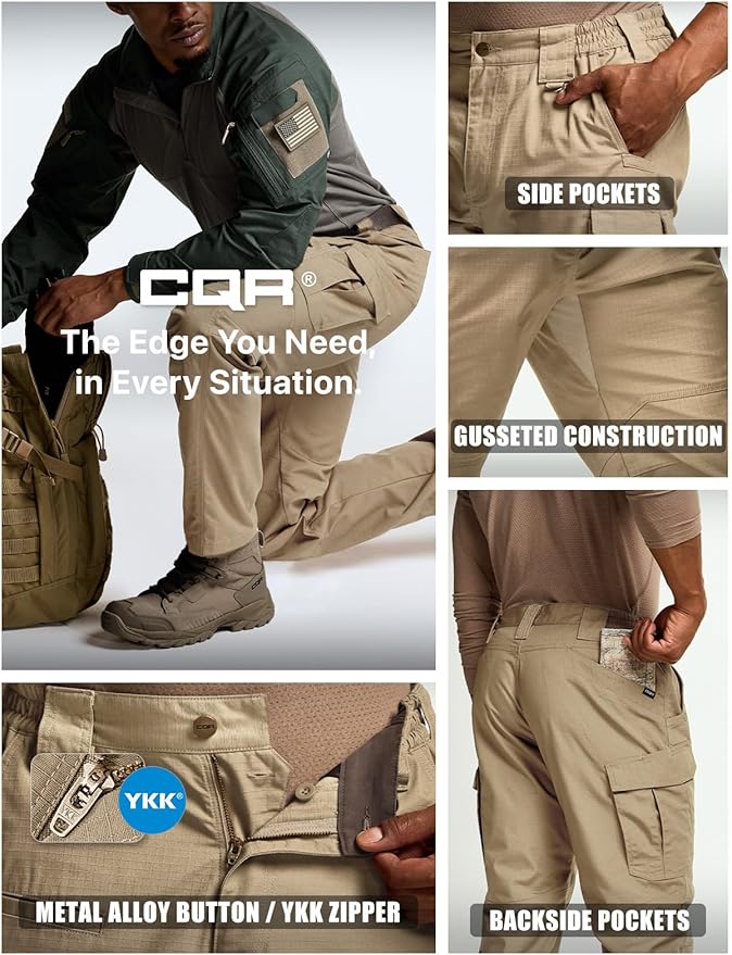 CQR Men's Tactical Pants, Water Resistant Ripstop Cargo Pants, Lightweight EDC Work Hiking Pants, Outdoor Apparel