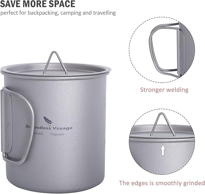 iBasingo 450ml Titanium Mug with Lid Tea Coffee Water Cup Outdoor Camping Pot Ultra-light Portable Hiking Backpacking Cooking Kit Picnic Tableware Drinkware with Foldable Handle Ti3035D