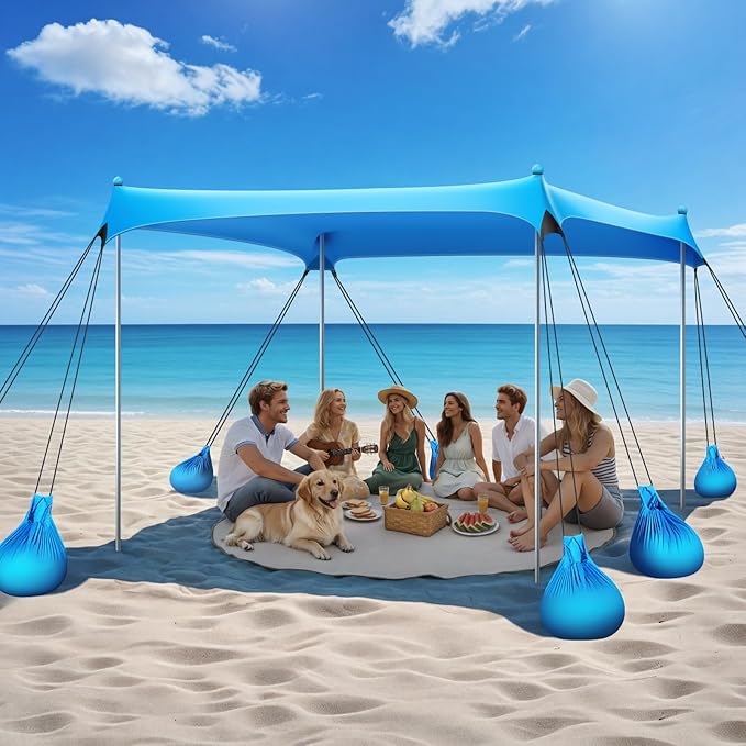 Beach Tent Sun Shelter, 10 x 10 FT Beach Canopy Tent Sun Shade, UPF50+ Tents Canopy with 8 Sandbags & 4 Stability Poles, Outdoor Tents for Camping Fishing, Sky Blue