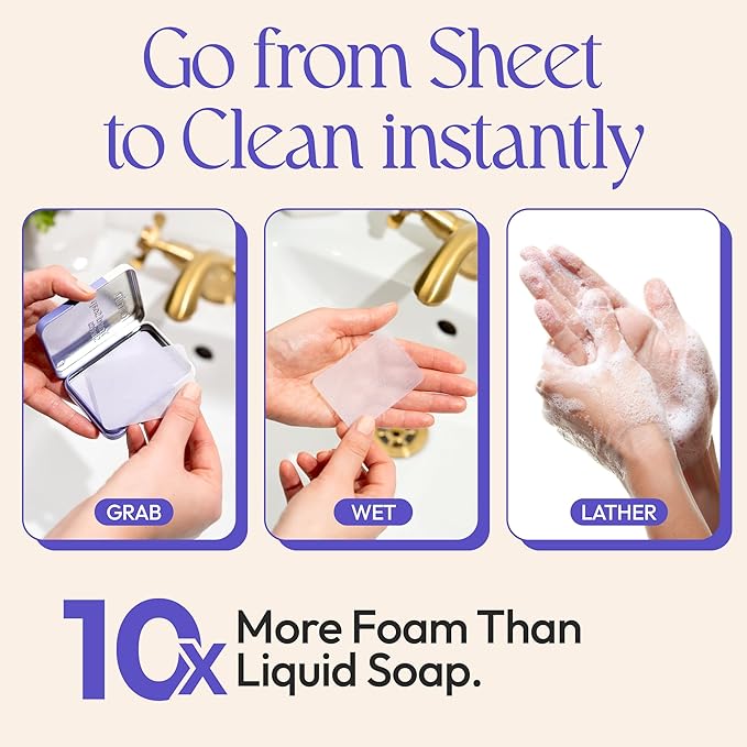 FOMIN - Antibacterial Paper Soap Sheets for Traveling - 100 Lavender Portable Hand Soap Sheets for Travel in Tin - Dissolvable Mini Portable Travel Soap Sheet for Hand Washing, Camping and Hiking