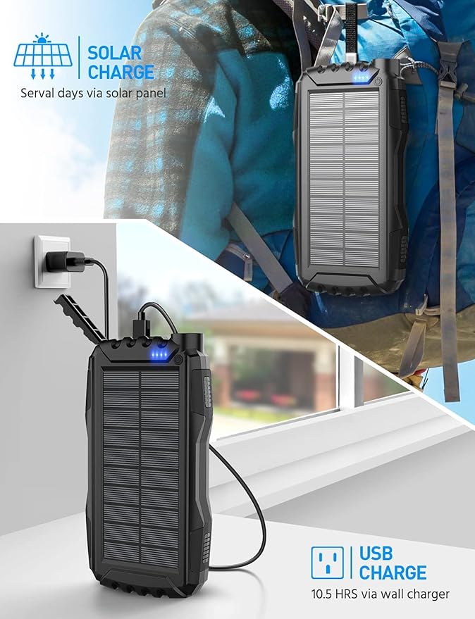 Solar Charger, Power Bank, 42800mAh Portable Charger Power Bank External Battery Pack 5V3.1A Qc 3.0 Fast Charger Built-in Super Bright Flashlight (Black)