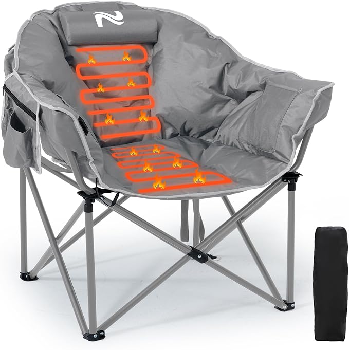 LILYPELLE Oversized Heated Camping Chair, Patio Lounge Chairs with 3 Heat Levels, Portable Folding Heated Chair Round Moon Saucer Folding Lawn Chair Outdoor Chair for Camping, Lounge Patio