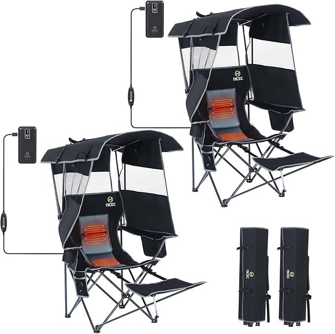 Nice C Chair with Canopy, Heated Camping Chair with Battery, Outdoor Sports Chairs with Shade, Heated Folding Umbrella Chairs, with Removable Footrest (2-Pack)