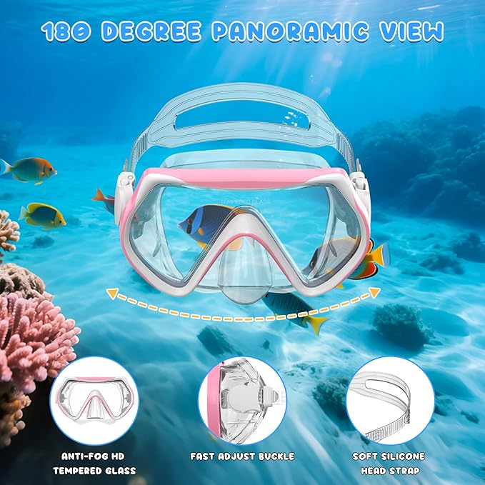 Snorkeling Gear for Kids, Kids Snorkel Set for Ages 6-14, Dry Top Snorkel, Mask Set Kid Swimming Goggles Diving Mask Combo Set Anti-Fog Panoramic View Scuba Packages