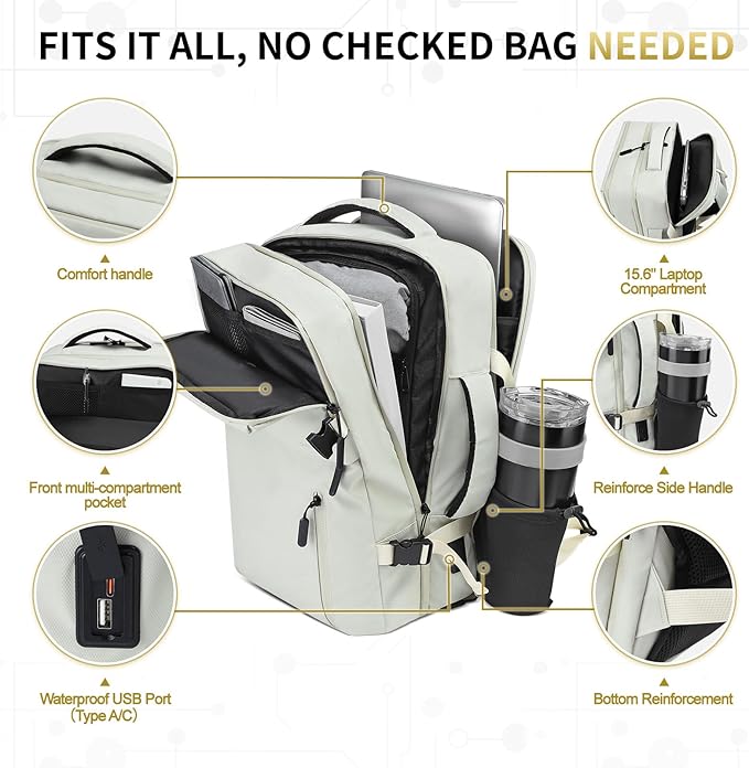 Lay Flat Carry on Travel Backpack, 30L Airline Approved, Fits 16" Laptop, USB-C & USB-A, Water Resistant, Beige