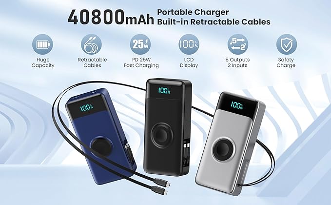 Portable Charger 40800mAh Power Bank with 2 Built-in Retractable Cables,25W PD Fast Charging Phone Charger with iWatch Charger,5 Output 2 Input LCD Display Battery Pack for iPhone 16/15,Android (Blue)