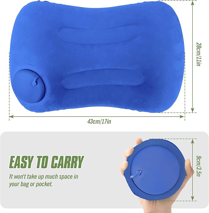 2-Pack Inflatable Camping Pillow, Portable Travel Pillow for Sleeping, Lightweight Compact Inflatable Pillows for Beach, Hiking, Backpacking, Airplane Travel, Press-to-Inflate Design (Blue)
