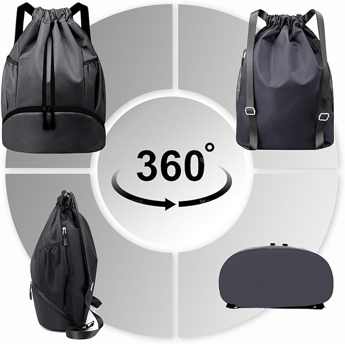 Hoedia Sports Drawstring Backpack - String Swim Gym Bag with Shoes Compartment and Wet Proof Pocket for Women/Men (Dark Grey)