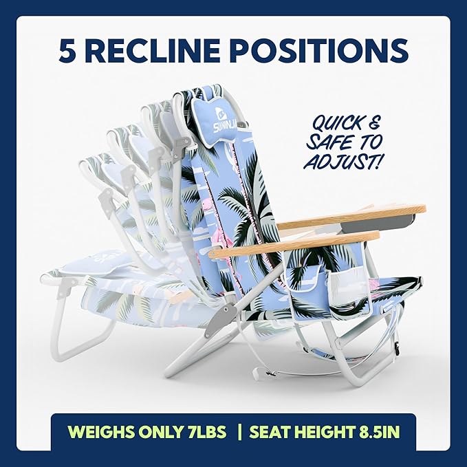 SUN NINJA Beach Chair – Folding Chair for Beach with 5 Reclining Positions, Cup & Phone Holder, Insulated Back Storage Pouch, Portable Lightweight Aluminum Frame - Flamingo 2pc
