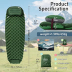 Ultralight Backpacking Sleeping Pad for Camping, with Inflatable Neck Camping Pillow, Lightweight Inflatable Sleeping Pad for Adults, Portable for Hiking, Car Travel - Durable & Comfortable