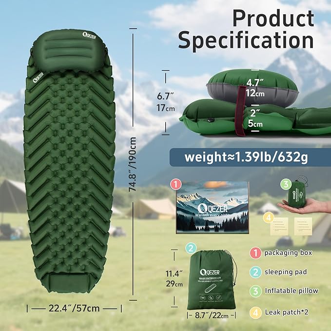 Ultralight Backpacking Sleeping Pad for Camping, with Inflatable Neck Camping Pillow, Lightweight Inflatable Sleeping Pad for Adults, Portable for Hiking, Car Travel - Durable & Comfortable