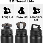 Oldley Insulated Water Bottle 32oz Water Bottles with Straw, Stainless Steel Water Bottle with 3 Lids, Double Wall Vacuum Bottles for Adult,Sports Bottles for School Travel, Black