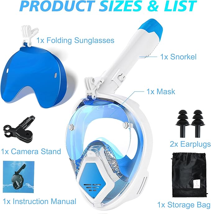 Devilfish Full Face Snorkel Mask Adults, Dry Top System Snorkeling Set with Foldable Sunglasses, 180 Degree Panoramic View Snorkel Gear, Scuba Diving Masks Anti-Leak & Anti-Fog