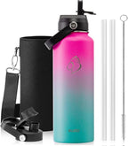 BUZIO Stainless Steel Water Bottle, 40oz Vacuum Insulated Double Wall Leak Proof Sports Water Bottle with Straw Lid and Flex Cap for Gym Travel Camping, Rose and Green