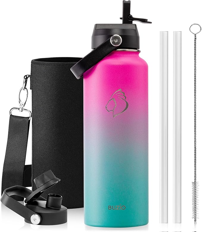 BUZIO Stainless Steel Water Bottle, 40oz Vacuum Insulated Double Wall Leak Proof Sports Water Bottle with Straw Lid and Flex Cap for Gym Travel Camping, Rose and Green