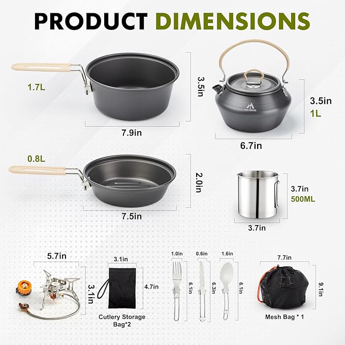 17pcs Camping Cookware Kit, 0.45Gal Pot, 7inches Pan,0.30Gal Kettle Set with 2 Set Stainless Steel Cups Plates Forks Knives Spoons for Hiking