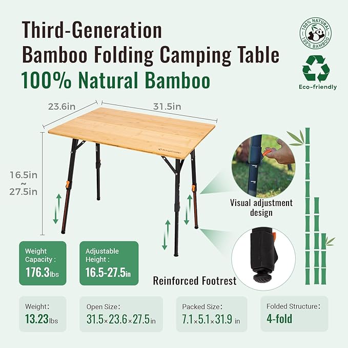 KingCamp Bamboo Folding Table, 4-Fold Camping Adjustable Height Portable Outdoor Lightweight & Compact Table with Aluminum Frame for RV Picnic BBQ Tailgating