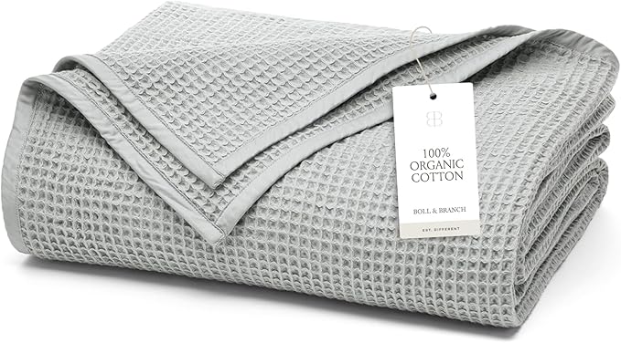 BOLL & BRANCH Waffle Bed Blanket - King/Cal King, Shore - Luxury 100% Organic Cotton - Soft, Lightweight and Breathable - Textured Waffle Weave Design