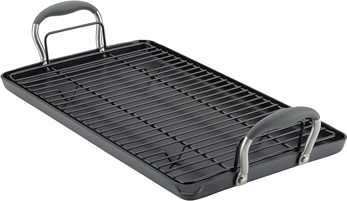 Anolon Advanced Home Hard Anodized Nonstick Double Burner Griddle with Roasting Rack, 10 Inch x 18 Inch, Moonstone
