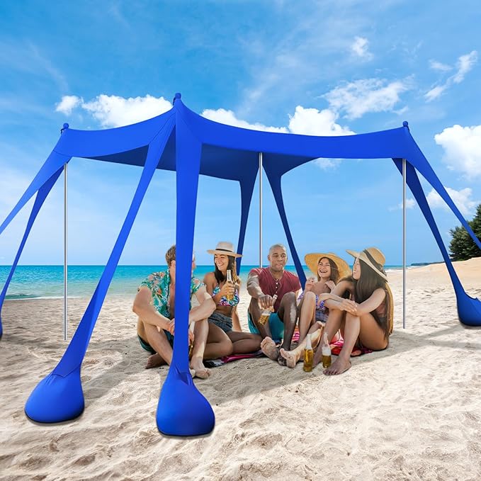 Beach Tent Sun Shelter 10x10ft, Shade Canopy, Sunshade UPF50+ with 8 Sandbags, Sand Shovels, Ground Pegs & Stability Poles, Portable Carry Bag for Family Party,Camping,Fishing,Backyard,Picnics
