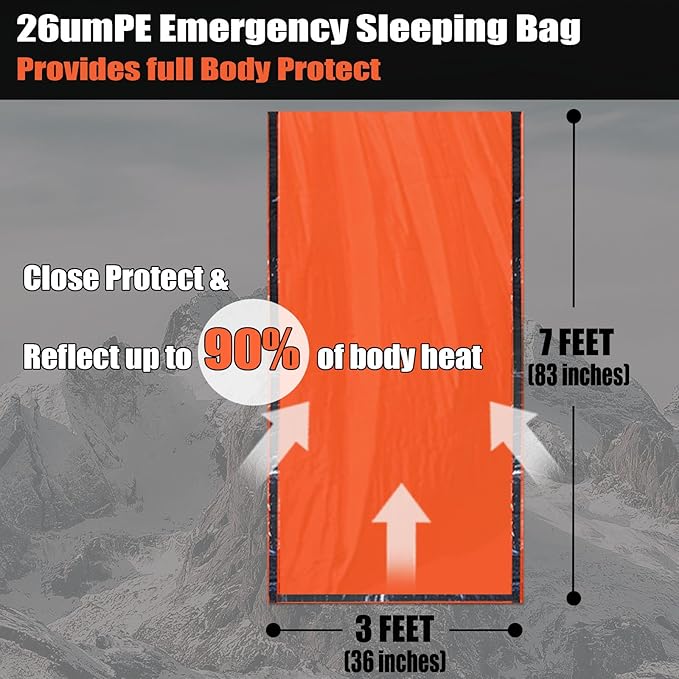 Frelaxy Emergency Sleeping Bag 1-Pack/2-Pack, Extra-Thick Compact Survival Bivy with Whistle, Storage Pouch, and EVA case, Perfect for Survival Kits (Orange - 2 Pack)