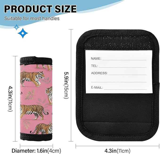 Cute Tigers Luggage Handle Wraps with Writable Luggage Tags, 4 Pack, 5.9 x 4.3 Inches Grip Handle Cover for Suitcase Shopping Bag