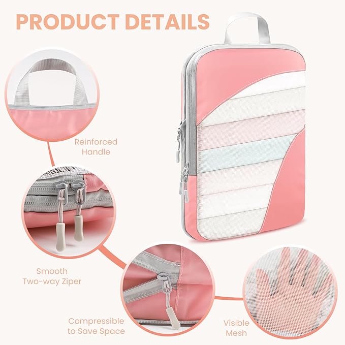 10 Set Compression Packing Cubes, Lightweight Travel Essentials, Stretchable Expandable Storage Bags, Compression Bags for Travel Accessories Luggage Storage Set (Pink, 10 set)