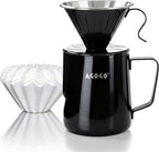 AGOGO Pour Over Coffee Maker Set - Unbreakable 304 Stainless Steel V60 Dripper & Server for Camping & Party, Includes 50 Paper Filters & Barista Towel - Black - 30oz