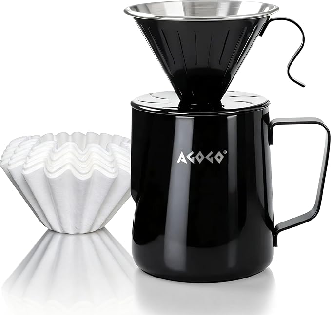 AGOGO Pour Over Coffee Maker Set - Unbreakable 304 Stainless Steel V60 Dripper & Server for Camping & Party, Includes 50 Paper Filters & Barista Towel - Black - 30oz