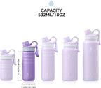 IDEUS Insulated Stainless Steel Water Bottle with 2 Leak-Proof Lids, Thermal Water Flask for Hiking Biking, 18oz, Violet
