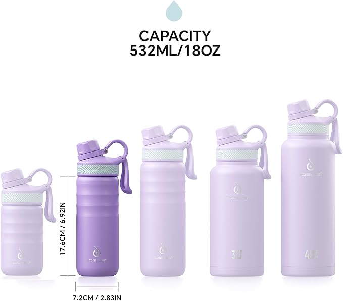 IDEUS Insulated Stainless Steel Water Bottle with 2 Leak-Proof Lids, Thermal Water Flask for Hiking Biking, 18oz, Violet