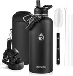 Insulated Water Bottle 87 oz, Triple Wall Vacuum Stainless Steel (Cold for 48 Hrs), Leak Proof & Non-BPA, Modern Water Flask Jug with Paracord Handle & Straw Spout Lids, Magic Black