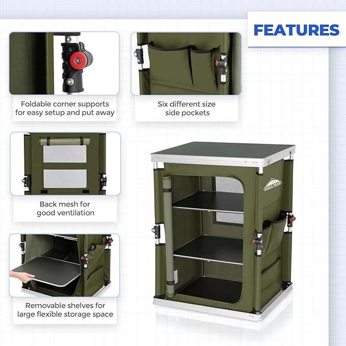 EAGLE PEAK Outdoor Folding Camping Table with Large 3-Tier Storage Organizer and Side Pockets, Easy Set Up Portable Aluminum Camping Kitchen, Green