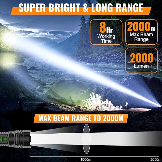 Rechargeable LED Flashlight Lantern 2000 High Lumens - with Camping Lanterns, Long Range LED Super Bright Flashlight for Camping, 5 Mode, High Powerd Heavy Duty Zoomable Waterproof Tactical Flashlight