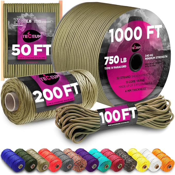 TECEUM 5/32" Paracord Rope 1000 – 1000ft / 200ft / 100ft / 50ft – Tactical Parachute Cord 4mm – 45+ Colors – Nylon String for Survival & Camping Gear – Stripe Cord for Survival – Utility Rope