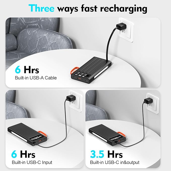 Portable Charger 10000mAh Power Bank Built-in Cable,PD 22.5W Fast Charging Powerbank, LED Display External Battery Pack with LED Lighting, Travel Phone Charger for iPhone 16/15/14/13/12,Samsung,Google